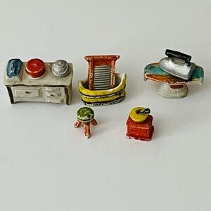 Early 1900's Japanese Made Bisque Equipment Household Incl Iron, Stove, Wash Tub